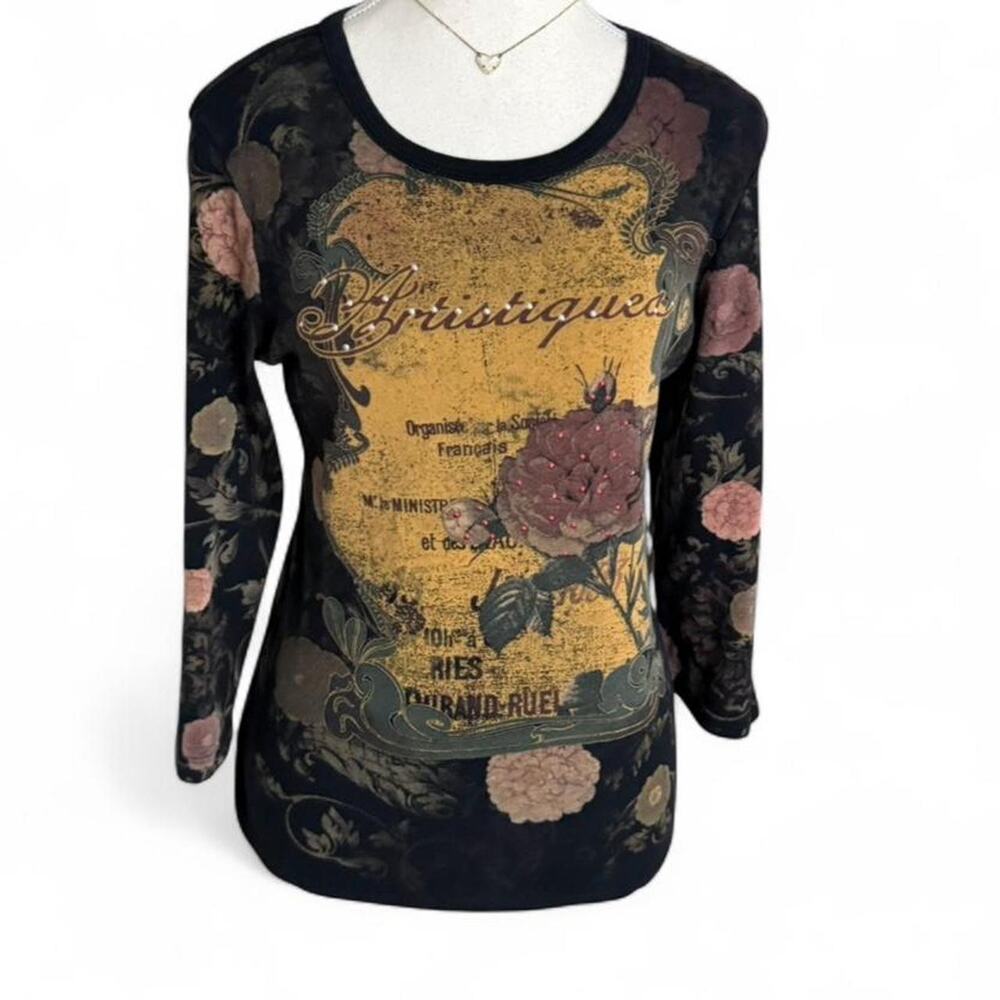 Apt 9 Y2K Streetwear Black floral long sleeve top Size M 100% cotton floral
